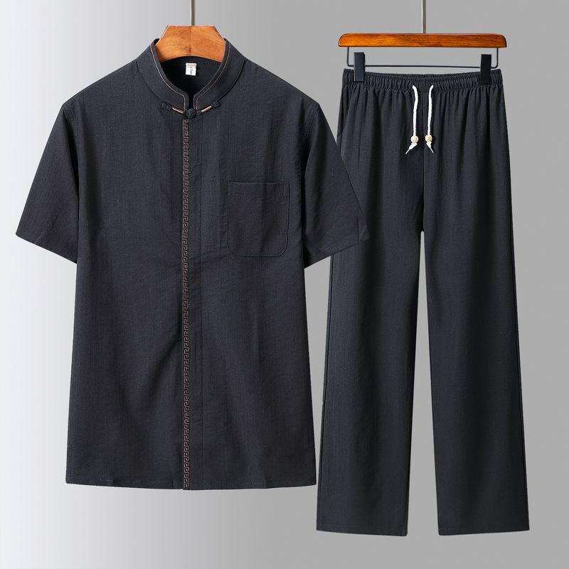 汉服唐装男短袖套装棉麻夏季休闲中国风男士爸爸装中式太极服上衣